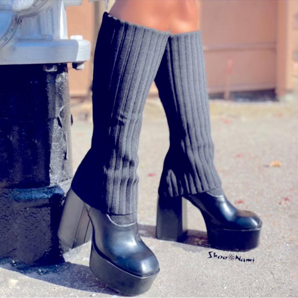 LAYERED KNIT SQUARE TOE PLATFORM BLOCK HEEL CALF BOOT IN BLACK FAUX LEATHER